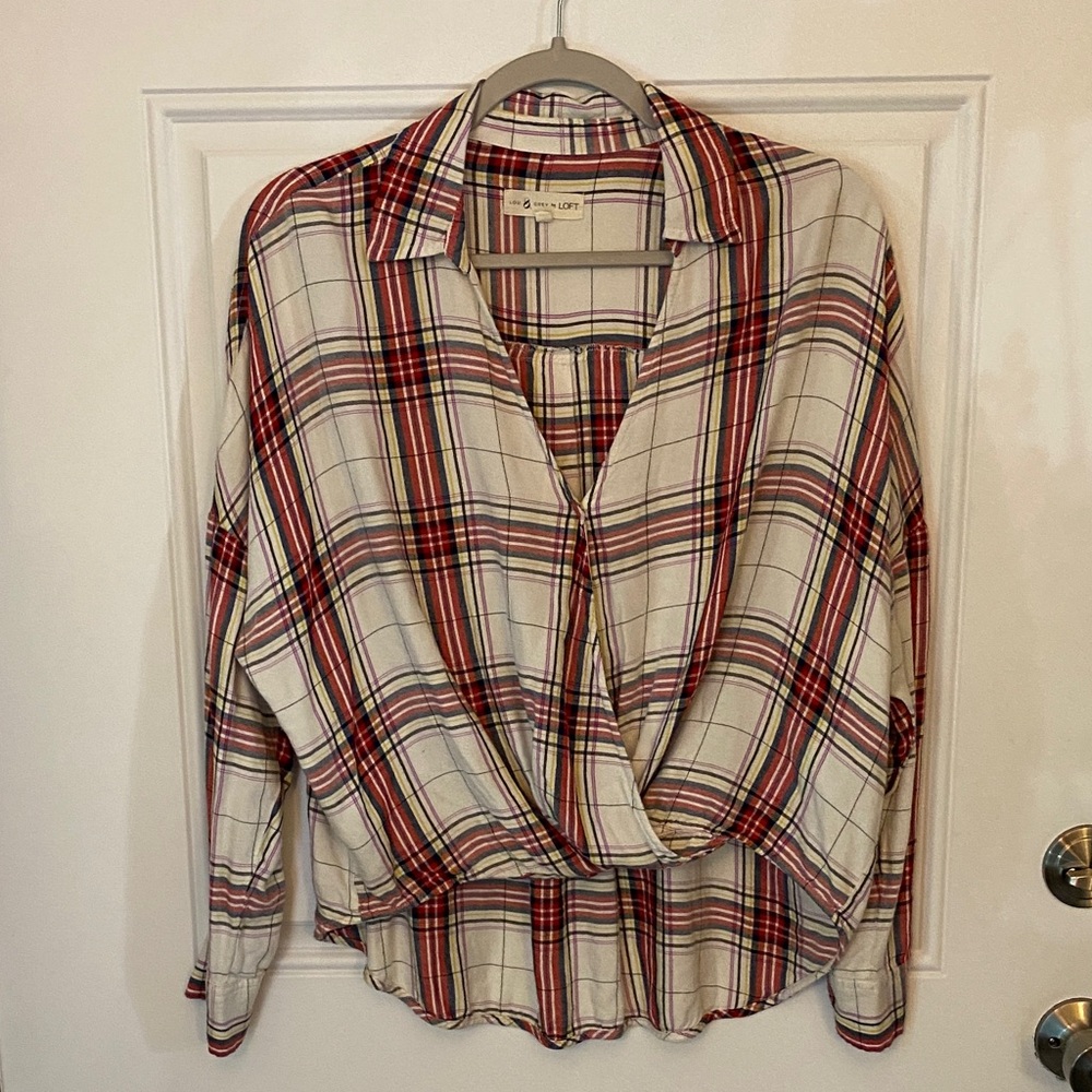 Lou & Grey Red and Cream Plaid collared Blouse with wrap detail and long sleeves